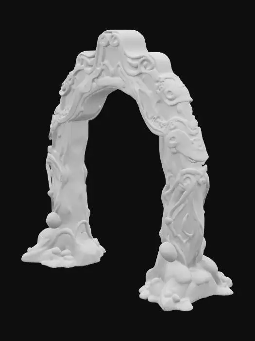 3D model for #arch#, Imagine a colossal single arch, carved from obsidian-glass alloy, glowing with bioluminescent mineral veins in aquamarine and lavender. Its fractal curves spiral and loop into impossible helices, bending physics and reality. Suspended crystals refract soft ambient light, casting warped shadows. A levitating crystalline core pulses harmonic vibrations, deforming the arch’s smooth yet weathered surface. Intricate carvings of alien glyphs and equations run along its inner curves, while moss-like lichen grows in fractured crevices. This living monument embodies cosmic memory, infinite recursion, and sacred geometry — an alien relic frozen in time.  #arch#