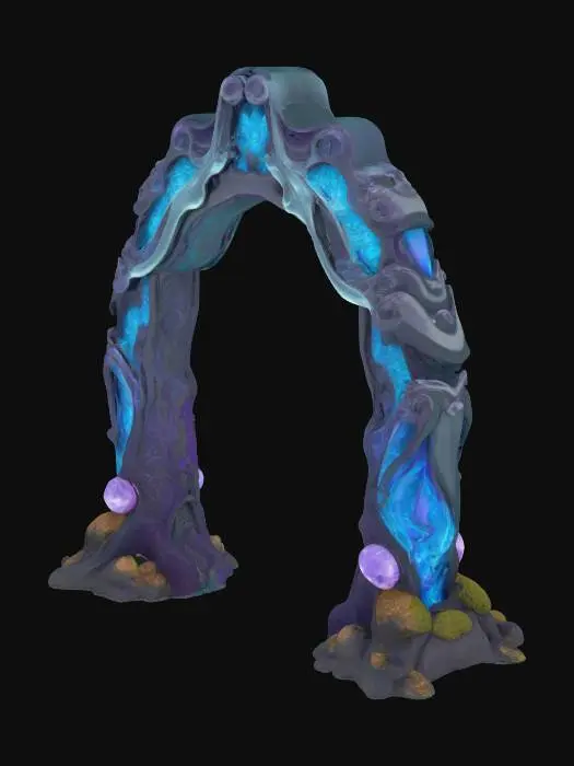 3D model for #arch#, Imagine a colossal single arch, carved from obsidian-glass alloy, glowing with bioluminescent mineral veins in aquamarine and lavender. Its fractal curves spiral and loop into impossible helices, bending physics and reality. Suspended crystals refract soft ambient light, casting warped shadows. A levitating crystalline core pulses harmonic vibrations, deforming the arch’s smooth yet weathered surface. Intricate carvings of alien glyphs and equations run along its inner curves, while moss-like lichen grows in fractured crevices. This living monument embodies cosmic memory, infinite recursion, and sacred geometry — an alien relic frozen in time.  #arch#