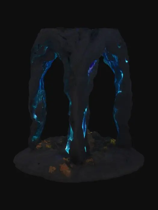 3D model for #arch#, Imagine a colossal single arch, carved from obsidian-glass alloy, glowing with bioluminescent mineral veins in aquamarine and lavender. Its fractal curves spiral and loop into impossible helices, bending physics and reality. Suspended crystals refract soft ambient light, casting warped shadows. A levitating crystalline core pulses harmonic vibrations, deforming the arch’s smooth yet weathered surface. Intricate carvings of alien glyphs and equations run along its inner curves, while moss-like lichen grows in fractured crevices. This living monument embodies cosmic memory, infinite recursion, and sacred geometry — an alien relic frozen in time.  #arch#