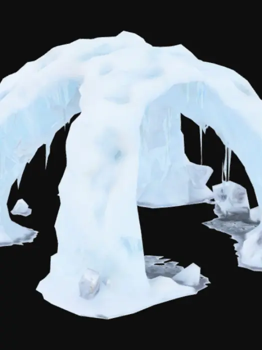3D model for Giant snowy arch with icicles on the bottom hanging down. This ice has magical elements trapped inside. It also has snowy debris surrounding it, and extends out in unique and oddly shaped patterns