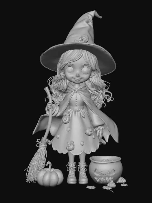3D model for #Halloween2025#, cute, friendly, Innocent lively detailed fantasy halloween witch