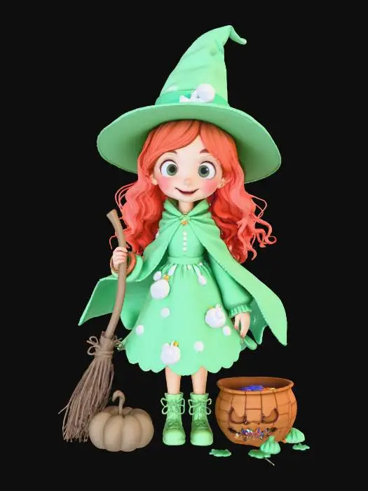 3D model for #Halloween2025#, cute, friendly, Innocent lively detailed fantasy halloween witch
