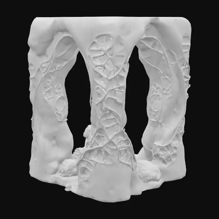 3D model for #arch#, Imagine a colossal single arch, carved from obsidian-glass alloy, glowing with bioluminescent mineral veins in aquamarine and lavender. Its fractal curves spiral and loop into impossible helices, bending physics and reality. Suspended crystals refract soft ambient light, casting warped shadows. A levitating crystalline core pulses harmonic vibrations, deforming the arch’s smooth yet weathered surface. Intricate carvings of alien glyphs and equations run along its inner curves, while moss-like lichen grows in fractured crevices. This living monument embodies cosmic memory, infinite recursion, and sacred geometry — an alien relic frozen in time.  #arch#