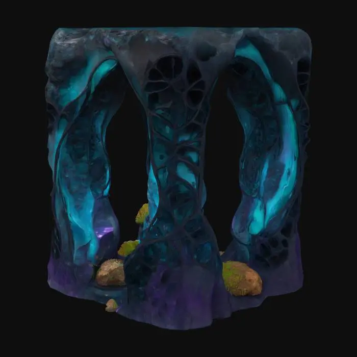 3D model for #arch#, Imagine a colossal single arch, carved from obsidian-glass alloy, glowing with bioluminescent mineral veins in aquamarine and lavender. Its fractal curves spiral and loop into impossible helices, bending physics and reality. Suspended crystals refract soft ambient light, casting warped shadows. A levitating crystalline core pulses harmonic vibrations, deforming the arch’s smooth yet weathered surface. Intricate carvings of alien glyphs and equations run along its inner curves, while moss-like lichen grows in fractured crevices. This living monument embodies cosmic memory, infinite recursion, and sacred geometry — an alien relic frozen in time.  #arch#