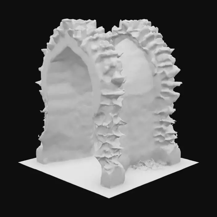 3D model for #arch#, Imagine a colossal single arch, carved from obsidian-glass alloy, glowing with bioluminescent mineral veins in aquamarine and lavender. Its fractal curves spiral and loop into impossible helices, bending physics and reality. Suspended crystals refract soft ambient light, casting warped shadows. A levitating crystalline core pulses harmonic vibrations, deforming the arch’s smooth yet weathered surface. Intricate carvings of alien glyphs and equations run along its inner curves, while moss-like lichen grows in fractured crevices. This living monument embodies cosmic memory, infinite recursion, and sacred geometry — an alien relic frozen in time.  #arch#