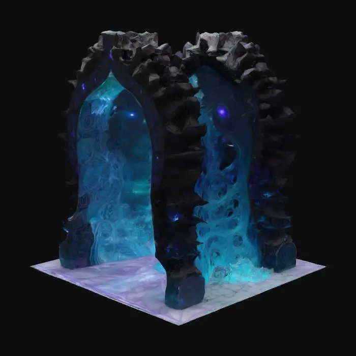 3D model for #arch#, Imagine a colossal single arch, carved from obsidian-glass alloy, glowing with bioluminescent mineral veins in aquamarine and lavender. Its fractal curves spiral and loop into impossible helices, bending physics and reality. Suspended crystals refract soft ambient light, casting warped shadows. A levitating crystalline core pulses harmonic vibrations, deforming the arch’s smooth yet weathered surface. Intricate carvings of alien glyphs and equations run along its inner curves, while moss-like lichen grows in fractured crevices. This living monument embodies cosmic memory, infinite recursion, and sacred geometry — an alien relic frozen in time.  #arch#
