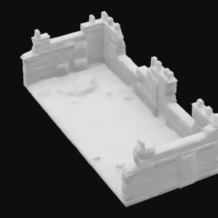 3D model for Create a hyper-realistic, high-detail dungeon that is able to be entered. This structure follows a snowy winter theme, and has icicles all over. This dungeon is a bit run down, and is massive. This structure has a massive castle like structure on top of it, that doesn’t have too much clutter. Game asset, realistic, high detail