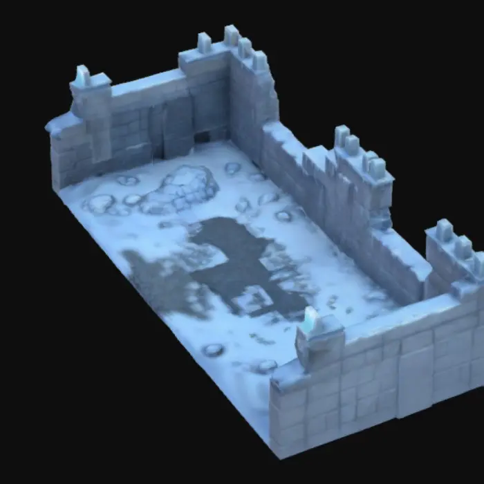 3D model for Create a hyper-realistic, high-detail dungeon that is able to be entered. This structure follows a snowy winter theme, and has icicles all over. This dungeon is a bit run down, and is massive. This structure has a massive castle like structure on top of it, that doesn’t have too much clutter. Game asset, realistic, high detail