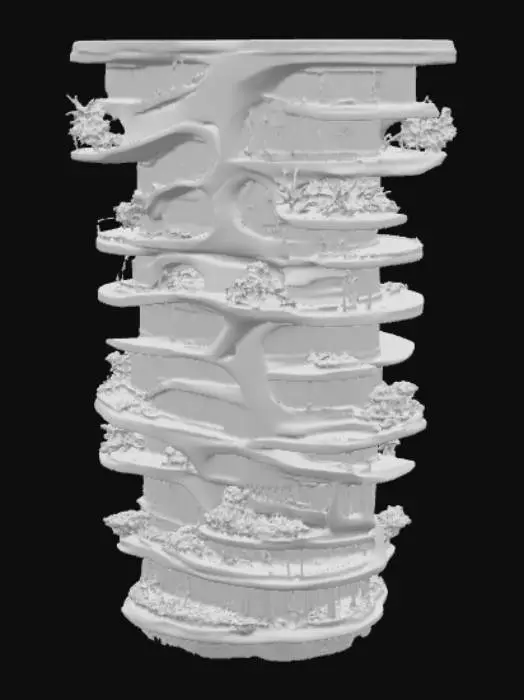 3D model for A sleek, futuristic smart city building with sustainable architecture, integrated vertical gardens, solar panel facades, and transparent glass walls with embedded holographic displays. The structure is curved and aerodynamic, featuring multi-level terraces, rooftop wind turbines, and autonomous drone landing pads. Surrounded by pedestrian-friendly plazas with smart lighting, EV charging stations, and interactive public screens. Ultra-detailed, PBR materials, high-poly model, photorealistic render in bright daylight, wide-angle perspective.
