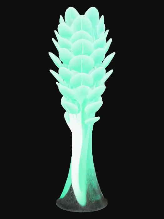 3D model for A futuristic urban air purification tower shaped like a stylized tree, white ceramic trunk, transparent glass leaf panels with soft green glow, clean eco-friendly technology, bright near-future city aesthetic, smooth curved surfaces, highly detailed, PBR, game-ready, realistic scale