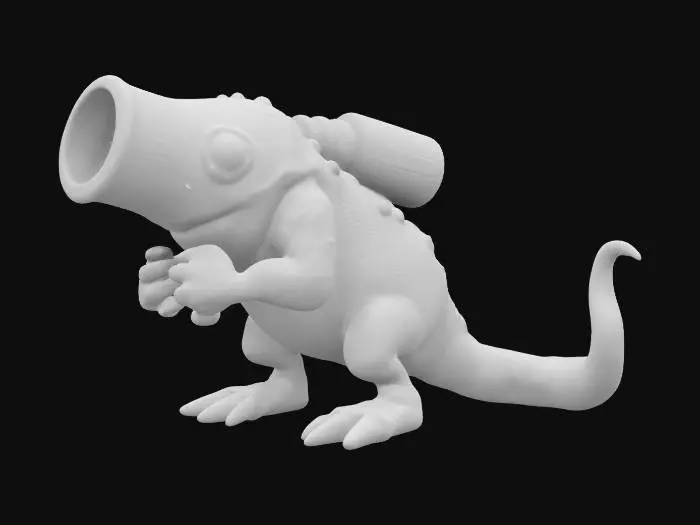 3D model for a biomechanical, organic creature shaped like a bazooka, with a fleshy, iridescent surface that shimmers in the light. It has expressive eyes that constantly scan its surroundings. This living alien gun spits rockets instead of bullets, each launch accompanied by a quirky sound, making it a quirky, formidable companion