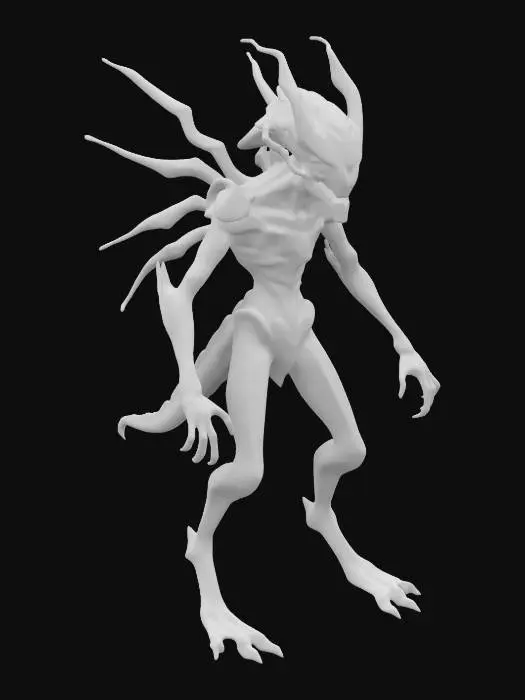 3D model for Vexal, a slender, luminescent creature with iridescent scales that shimmer like oil on water. Their elongated limbs end in graceful, dexterous fingers, while large, multifaceted eyes emit a soft, violet glow. Vexal dons a patchwork of futuristic armor, adorned with alien glyphs and sleek, biomechanical enhancements, showcasing a blend of cultures from distant worlds. Stood in a dynamic pose. use a unique and imaginative color scheme