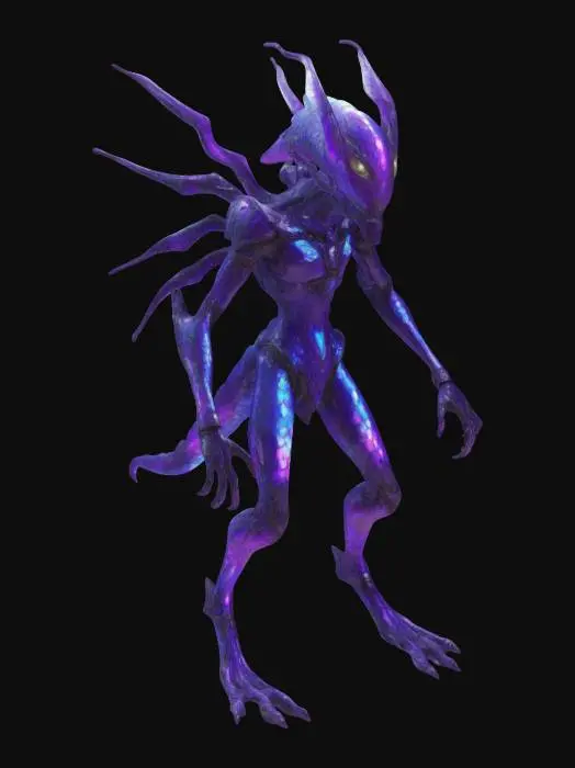 3D model for Vexal, a slender, luminescent creature with iridescent scales that shimmer like oil on water. Their elongated limbs end in graceful, dexterous fingers, while large, multifaceted eyes emit a soft, violet glow. Vexal dons a patchwork of futuristic armor, adorned with alien glyphs and sleek, biomechanical enhancements, showcasing a blend of cultures from distant worlds. Stood in a dynamic pose. use a unique and imaginative color scheme