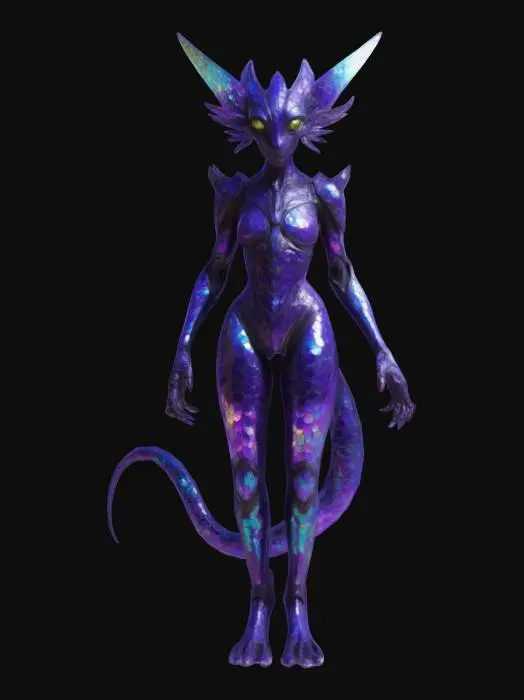 3D model for Vexal, a slender, luminescent creature with iridescent scales that shimmer like oil on water. Their elongated limbs end in graceful, dexterous fingers, while large, multifaceted eyes emit a soft, violet glow. Vexal dons a patchwork of futuristic armor, adorned with alien glyphs and sleek, biomechanical enhancements, showcasing a blend of cultures from distant worlds. Stood in a dynamic pose. use a unique and imaginative color scheme