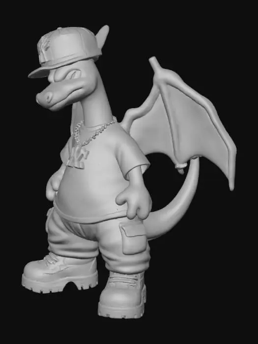 3D model for Charizard, standing in a relaxed streetwear pose, neutral background. The character is wearing an fitted New York Yankees-style baseball cap with a very large, thick, heavily embossed front logo, designed as clean, simple raised shapes with clear edges for easy 3D sculpting and printing. The cap sits low and slightly tilted, with minimal tiny surface texture and no thin details. Add chunky Timberland-style work boots, simplified for 3D printing with thick soles, big lugs, broad eyelets, and straps and seams represented as bold, raised bands instead of fine stitches. Include a New York Yankees-style pendant necklace resting on the chest, with the logo modeled as solid, thick, rounded forms for easy support and durability in resin or FDM printing. Keep all jewelry and logo shapes