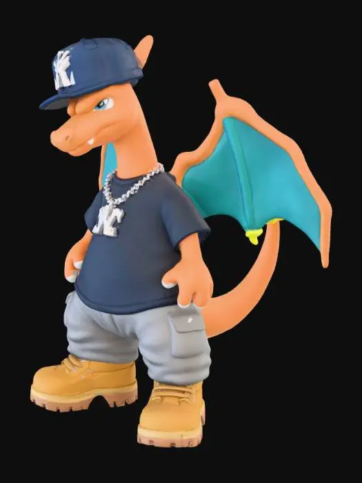 3D model for Charizard, standing in a relaxed streetwear pose, neutral background. The character is wearing an fitted New York Yankees-style baseball cap with a very large, thick, heavily embossed front logo, designed as clean, simple raised shapes with clear edges for easy 3D sculpting and printing. The cap sits low and slightly tilted, with minimal tiny surface texture and no thin details. Add chunky Timberland-style work boots, simplified for 3D printing with thick soles, big lugs, broad eyelets, and straps and seams represented as bold, raised bands instead of fine stitches. Include a New York Yankees-style pendant necklace resting on the chest, with the logo modeled as solid, thick, rounded forms for easy support and durability in resin or FDM printing. Keep all jewelry and logo shapes