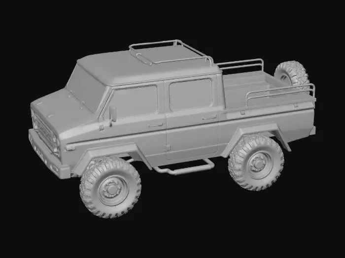 3D model for a 4 wheeled all terrain vehicle with a truck bed that has rails to support cargo containers and a spare wheel on the back of the vehicle. Tan in color with black wheels and windows.
