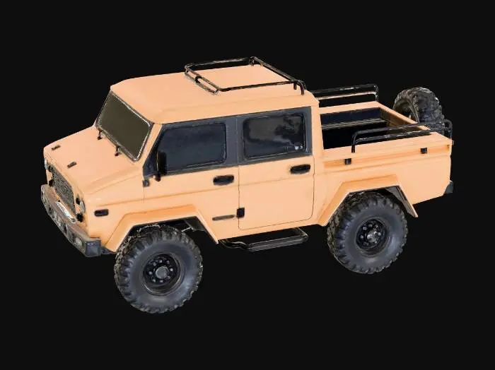 3D model for a 4 wheeled all terrain vehicle with a truck bed that has rails to support cargo containers and a spare wheel on the back of the vehicle. Tan in color with black wheels and windows.