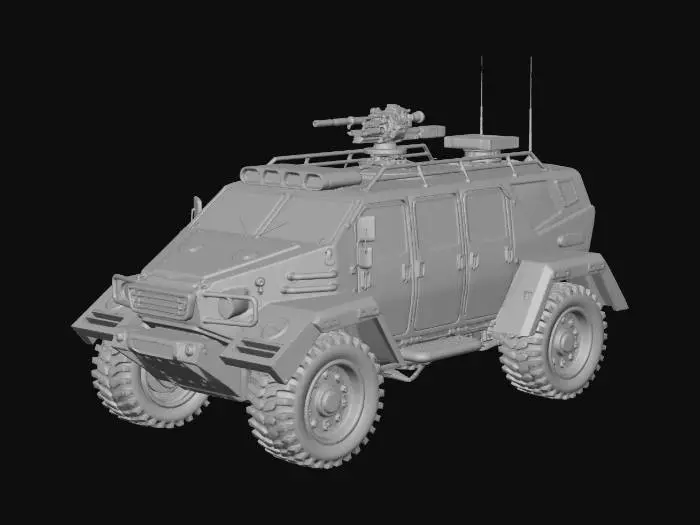 3D model for a futuristic, front wheeled vehicle with tank treads in the back instead of rear wheels. 6 doors, 3 to each side. A large roof rack. slanted rear cargo doors on the back. On the roof near the front of the vehicle in front of the roof rack, there should be a single turret mounting a tri-barrel machine gun.