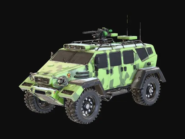 3D model for a futuristic, front wheeled vehicle with tank treads in the back instead of rear wheels. 6 doors, 3 to each side. A large roof rack. slanted rear cargo doors on the back. On the roof near the front of the vehicle in front of the roof rack, there should be a single turret mounting a tri-barrel machine gun.