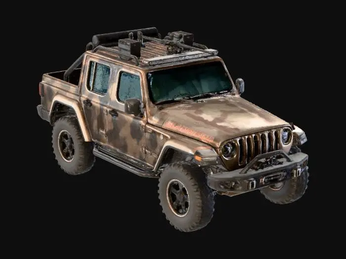 3D model for Jeep Gladiator that is dark brown camo with combat accents and a mini-gun mounted on top.