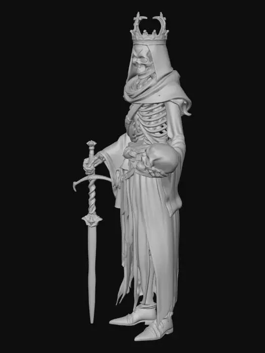 3D model for In D&D fashion create a model of a lich, skeletal with torn ancient robes, wearing a broken crown seared to his head, holding a longsword in his right hand. With his left hand he is holding a skull. His feet are covered with boots and around his skeletal waist he wears a scabbard for the sword.