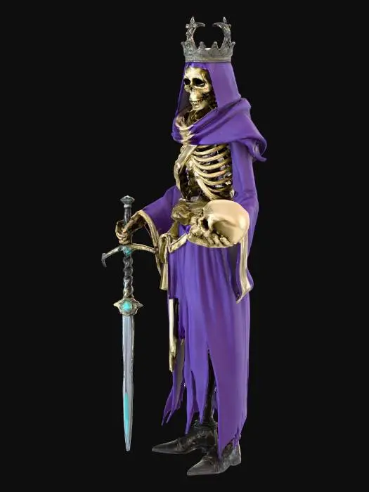 3D model for In D&D fashion create a model of a lich, skeletal with torn ancient robes, wearing a broken crown seared to his head, holding a longsword in his right hand. With his left hand he is holding a skull. His feet are covered with boots and around his skeletal waist he wears a scabbard for the sword.