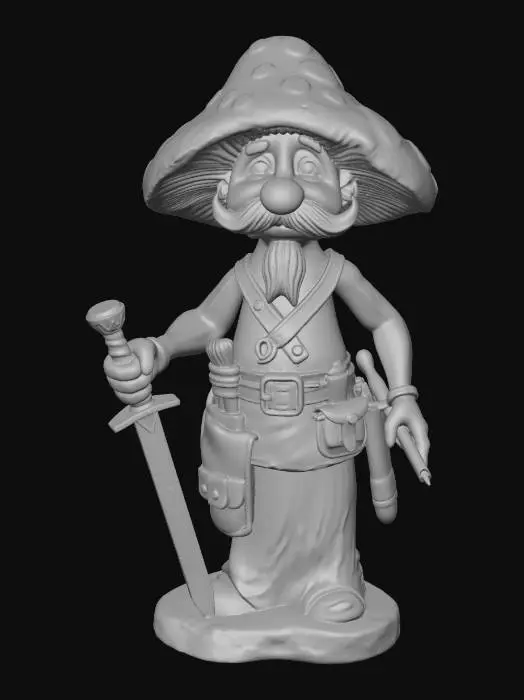 3D model for Create a mushroom person with a large mustache on a human face beneath the mushroom cap with a full mushroom stalk body ending in two short legs. The body will have a belt with tools and a scabbard for a short sword. The sword will be in one hand and a sling will be in the other.