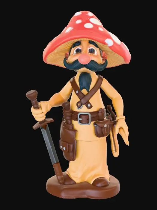 3D model for Create a mushroom person with a large mustache on a human face beneath the mushroom cap with a full mushroom stalk body ending in two short legs. The body will have a belt with tools and a scabbard for a short sword. The sword will be in one hand and a sling will be in the other.