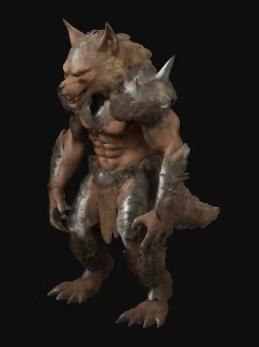 3D model for a creature that resembles a werewolf or a fantasy warrior. It has a muscular humanoid body with fur covering its skin, predominantly in shades of brown. The creature's face is fierce and animalistic, with pointed ears and sharp teeth. It is wearing a suit of armor that appears to be made of leather and metal, with intricate designs and spikes.