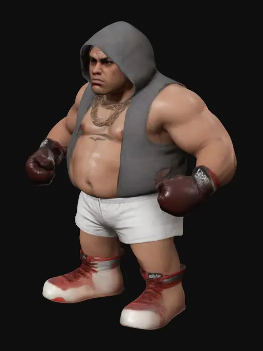 3D model for Meshly.AI: Generate all 12 male boxers for the "Jaw Breakers" fighting game. Each boxer:
- T-pose, rig-ready
- Semi-realistic PBR textures
- Unique hip-hop disrespectful style
Hood Slappa Slim