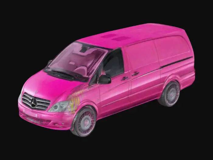 3D model for mercedes vito, pink car, one of the wheels is on its side