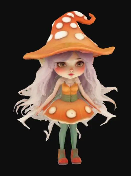 3D model for An enchanting woman in a large, whimsical mushroom hat, exuding an aura of magic. The backdrop features towering, stylized buildings entwined with lush greenery, illustrated in a way that mirrors comic book aesthetics with bold outlines and dynamic color gradients. Cinematic lighting enhances the scene, as evening twilight casts a warm glow illuminating her face with intricate detail. This art piece fuses highly detailed vector illustration with elements of street art, offering a surreal take on urban life. Textures play a vital role, capturing the smoothness of her skin juxtaposed with the rough surfaces of the street, while narrative hints of adventure and exploration dwell within the atmospheric haze that envelops the city