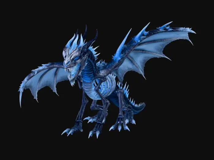 3D model for High-fidelity 3D asset of a colossal ancient frost dragon, skeletal undead anatomy with exposed weathered bone textures, wings made of shredded translucent ice membranes, jagged crystalline sapphire scales. Head features sharp obsidian horns and glowing neon blue ethereal flames in eye sockets. Intricate frost-covered ribcage with glowing blue internal energy. Sharp icy spikes along the spine, subsurface scattering on frozen surfaces, hyper-realistic macro textures, cinematic cold lighting, 8k resolution, professional game-ready asset, sharp edges.