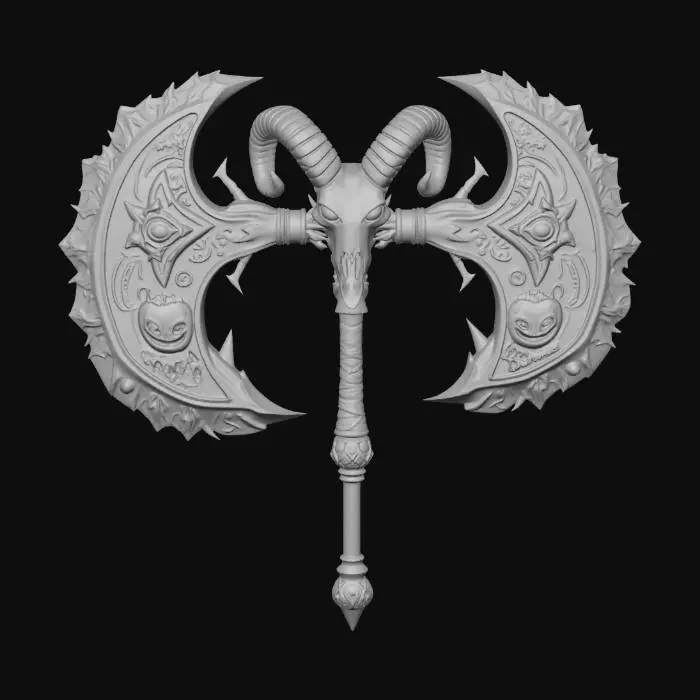 3D model for Ultra-detailed 3D asset of a massive, heavy double-bladed Executioner Axe. The blades are thick obsidian steel with multiple skeletal skulls fused and screaming from within the metal surface. Jagged ice-shattered edges with deep glowing blue runes. The pommel is a majestic ram skull with large spiraling horns and glowing blue spectral eyes. The handle is wrapped in thick, worn dark leather with reinforced cold-iron bands and silver wire. The butt-cap is a heavy spiked metal block with frost-covered engravings. Cinematic dark fantasy aesthetic, sharp geometry, high-density mesh, 8k textures, professional game-ready asset, intricate bone carvings.