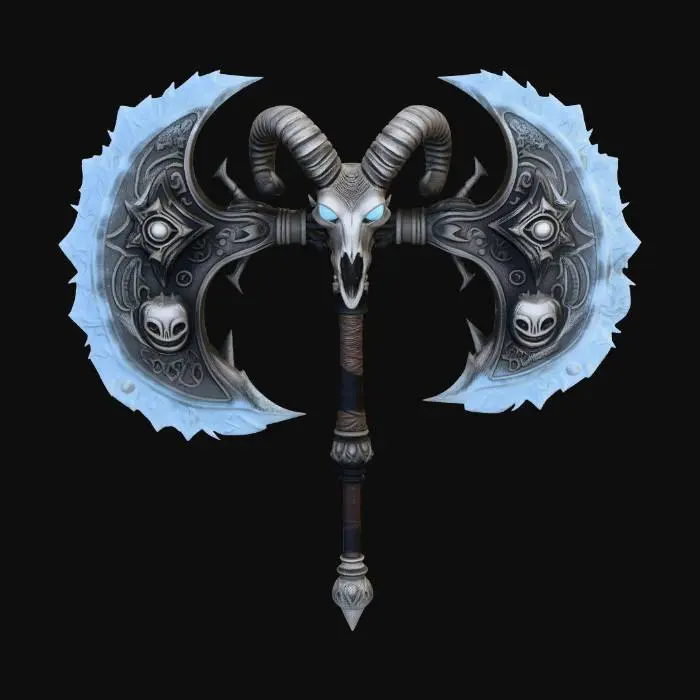 3D model for Ultra-detailed 3D asset of a massive, heavy double-bladed Executioner Axe. The blades are thick obsidian steel with multiple skeletal skulls fused and screaming from within the metal surface. Jagged ice-shattered edges with deep glowing blue runes. The pommel is a majestic ram skull with large spiraling horns and glowing blue spectral eyes. The handle is wrapped in thick, worn dark leather with reinforced cold-iron bands and silver wire. The butt-cap is a heavy spiked metal block with frost-covered engravings. Cinematic dark fantasy aesthetic, sharp geometry, high-density mesh, 8k textures, professional game-ready asset, intricate bone carvings.