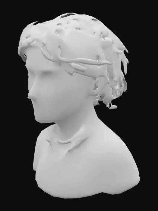 3D model for "A low-poly 3D model of a woman in her late 50s, exuding a haunted appearance. Once a typical mother, she now shows signs of neglect, with disheveled hair, subtle wrinkles, and slightly tattered clothing. Despite her troubled look, she maintains a semblance of composure, standing upright with a determined expression. The model should reflect the stylized, low-poly aesthetic characteristic of Synty Studios' POLYGON series."