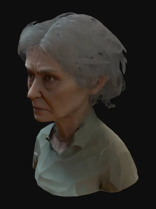 3D model for "A low-poly 3D model of a woman in her late 50s, exuding a haunted appearance. Once a typical mother, she now shows signs of neglect, with disheveled hair, subtle wrinkles, and slightly tattered clothing. Despite her troubled look, she maintains a semblance of composure, standing upright with a determined expression. The model should reflect the stylized, low-poly aesthetic characteristic of Synty Studios' POLYGON series."