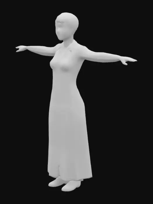 3D model for a lady fully body, t-pose in her 50s with short, white hair. She maintains a look of youth but also looks haunted. She looks like she used to be a mom, but something has traumatized her. She looks caring, but sad. Bags under her eyes. Full body, t-pose. Low poly style. Torso, arms, legs, feet