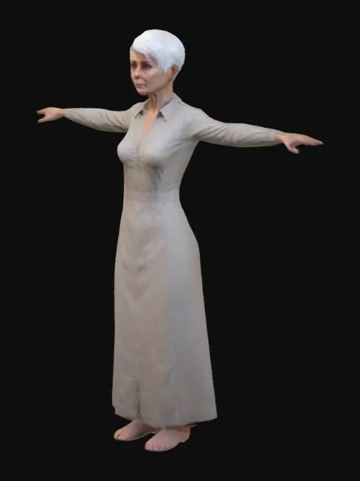 3D model for a lady fully body, t-pose in her 50s with short, white hair. She maintains a look of youth but also looks haunted. She looks like she used to be a mom, but something has traumatized her. She looks caring, but sad. Bags under her eyes. Full body, t-pose. Low poly style. Torso, arms, legs, feet
