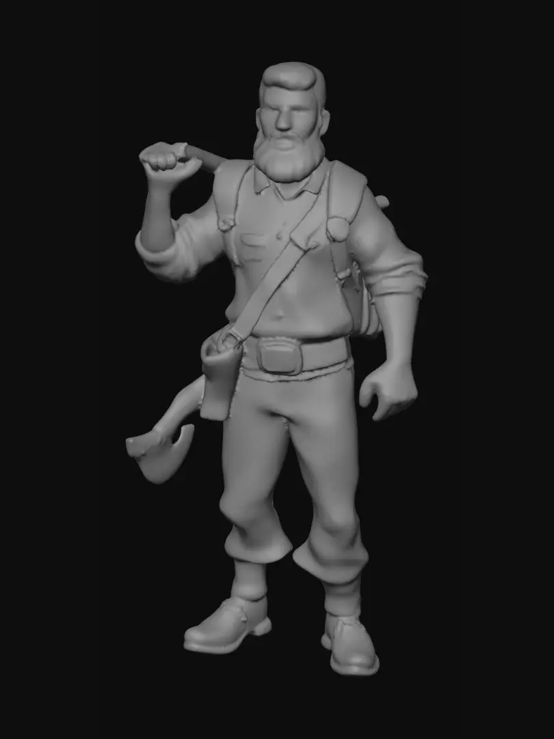 3D model for Low poly stylised RTS worker, full body.

Male, exaggerated proportions for readability: larger head, chunky arms/legs, clear silhouette.

Simple face: eyes, nose, short beard, short hair.

Clothing: blue tunic, brown trousers, belt, shoulder straps, wrist bracers, boots.

Accessories: small axe, backpack.

Style: low poly, flat shading, stylised not realistic, clean topology.

Game-ready: single mesh, no floating parts, under 1500 tris, origin at feet, neutral pose.