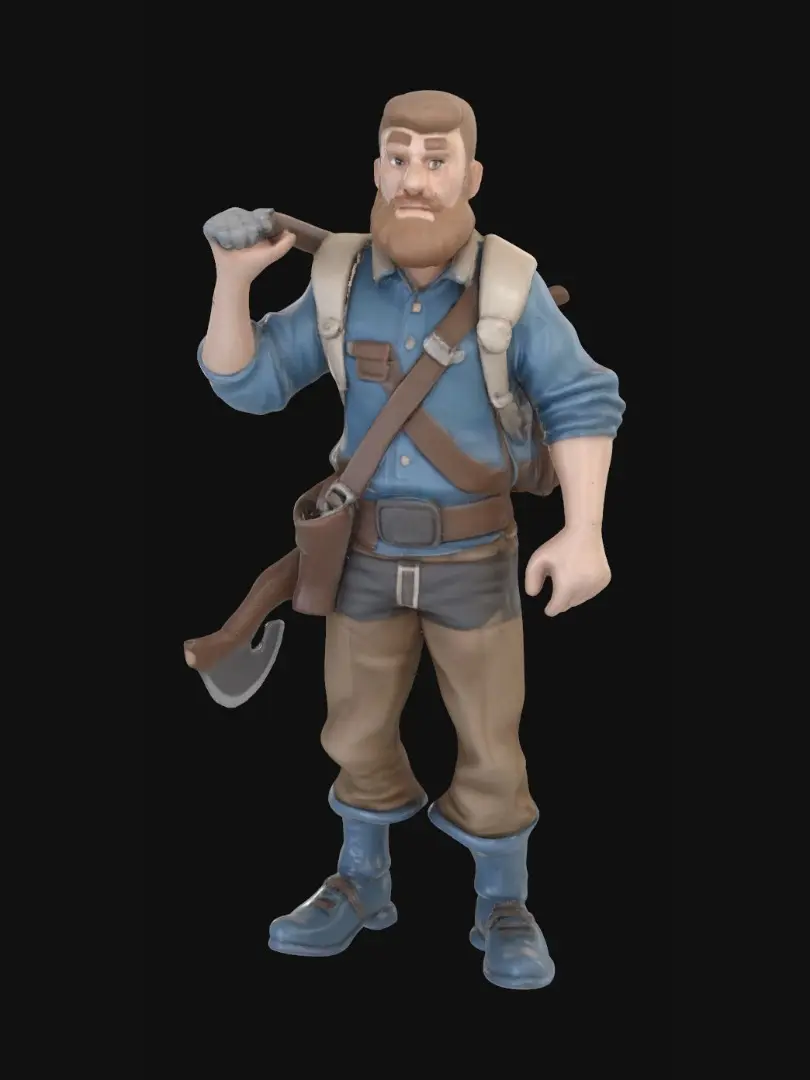 3D model for Low poly stylised RTS worker, full body.

Male, exaggerated proportions for readability: larger head, chunky arms/legs, clear silhouette.

Simple face: eyes, nose, short beard, short hair.

Clothing: blue tunic, brown trousers, belt, shoulder straps, wrist bracers, boots.

Accessories: small axe, backpack.

Style: low poly, flat shading, stylised not realistic, clean topology.

Game-ready: single mesh, no floating parts, under 1500 tris, origin at feet, neutral pose.
