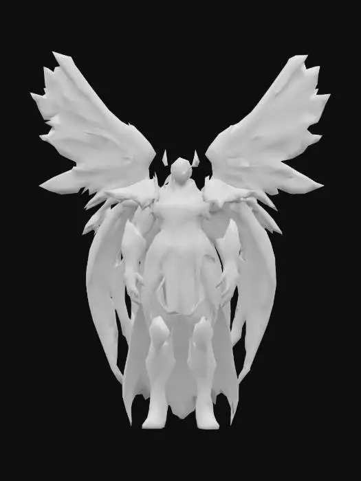 3D model for Archange corrompu. Grandes ailes angéliques dépliées. Divinité démoniaque. Couleurs : gris argenté et doré avec du rouge et du noir qui se répandent. Boss final d'un donjon où les épreuves oscillent entre le bien et le mal. Un œil bleu cristal et l'autre rouge sang.