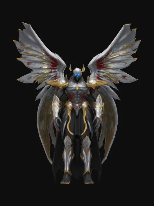 3D model for Archange corrompu. Grandes ailes angéliques dépliées. Divinité démoniaque. Couleurs : gris argenté et doré avec du rouge et du noir qui se répandent. Boss final d'un donjon où les épreuves oscillent entre le bien et le mal. Un œil bleu cristal et l'autre rouge sang.
