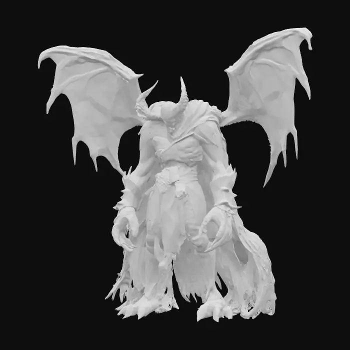 3D model for Un ancien démon destructeur de mondes. Dieu déchu. Force colossale. Rouge et noir. Lambeaux. Traits un peu humains, et animaux. Pouvoir immense. Armure d'os. Manteau d'ombre