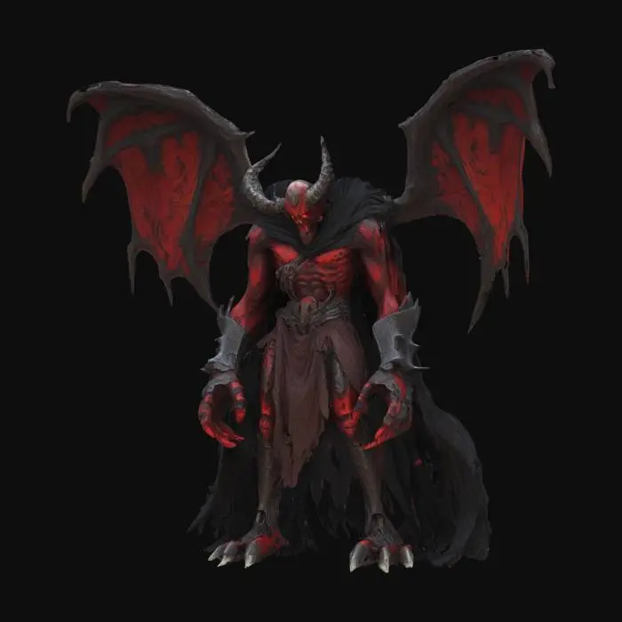 3D model for Un ancien démon destructeur de mondes. Dieu déchu. Force colossale. Rouge et noir. Lambeaux. Traits un peu humains, et animaux. Pouvoir immense. Armure d'os. Manteau d'ombre