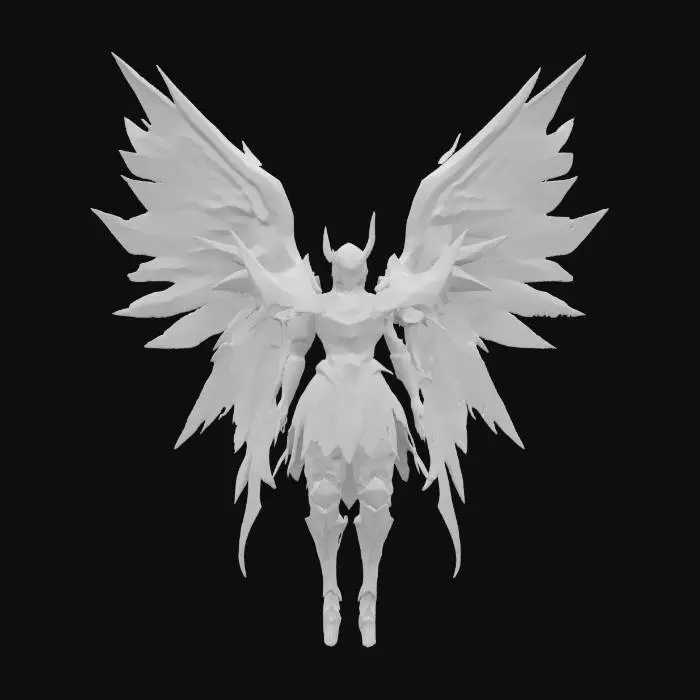 3D model for Archange corrompu. Grandes ailes angéliques dépliées. Divinité démoniaque. Couleurs : gris argenté et doré avec du rouge et du noir qui se répandent. Boss final d'un donjon où les épreuves oscillent entre le bien et le mal. Un œil bleu cristal et l'autre rouge sang.