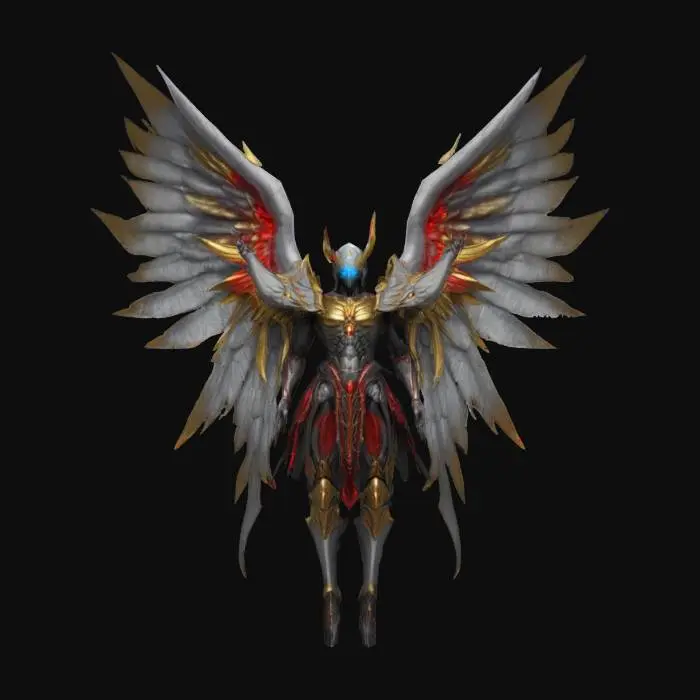 3D model for Archange corrompu. Grandes ailes angéliques dépliées. Divinité démoniaque. Couleurs : gris argenté et doré avec du rouge et du noir qui se répandent. Boss final d'un donjon où les épreuves oscillent entre le bien et le mal. Un œil bleu cristal et l'autre rouge sang.