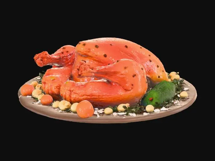 3D model for Thanksgiving cozy table scene, roasted turkey centerpiece, mashed potatoes, pumpkin pie slices, candles, wooden rustic table, warm soft lighting, shallow depth of field, high-detail textures, 8k render, photorealistic, cinematic composition, #Thanksgiving#