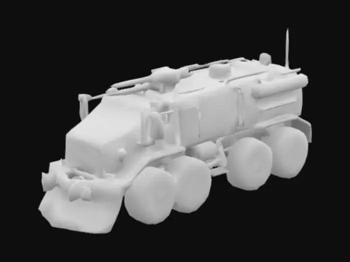 3D model for A massive, six-wheeled armored transport with reinforced steel plating, built for crossing endless desert wastelands. It has a rotating turret on top, side-mounted harpoons, and a front dozer blade to plow through obstacles. The engine is supercharged, running on biofuel or salvaged nuclear energy.